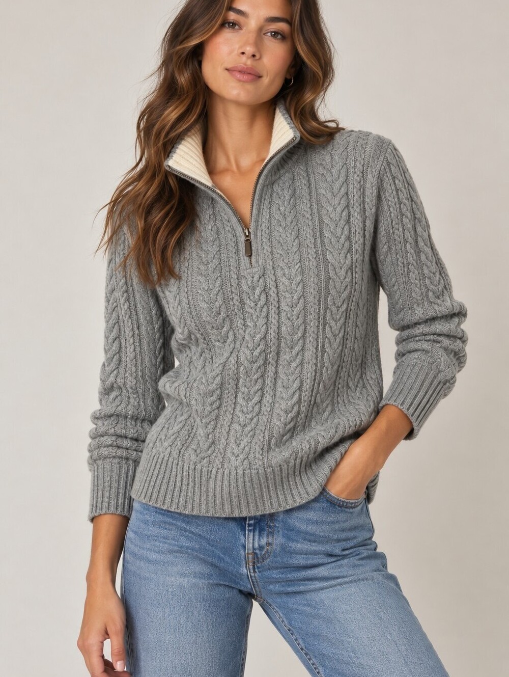 Peregrine Women's Wool Cable Knit Quarter Zip Sweater M Gray Fisherman Cottage